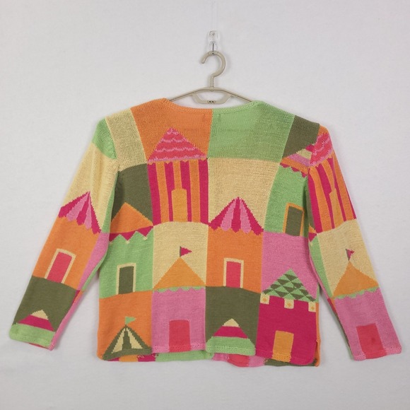 Vintage Handknit Cardigan Sweater Plus1X House Scene  Americana Novelty Artsy - Picture 2 of 12